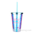 Laserpapier bedrukt dubbele plastic cup magische kleur beker met deksel en stro